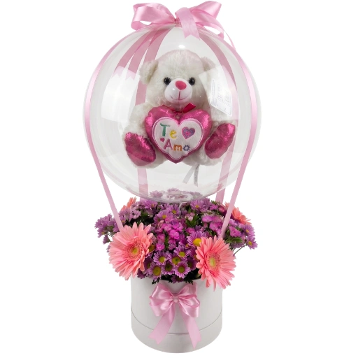 Caja pote con flores de estacion y globo burbuja con peluche 